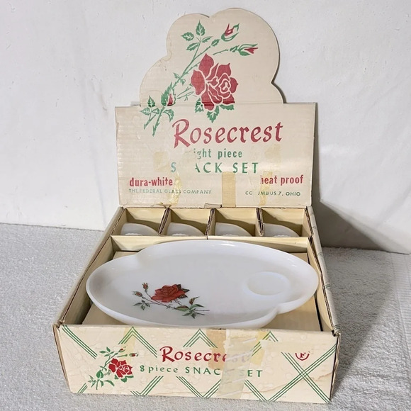 Vintage Rosecrest 8 Piece Snack Tea Set Dura White Floral Red Rose Federal Glass - Picture 1 of 16